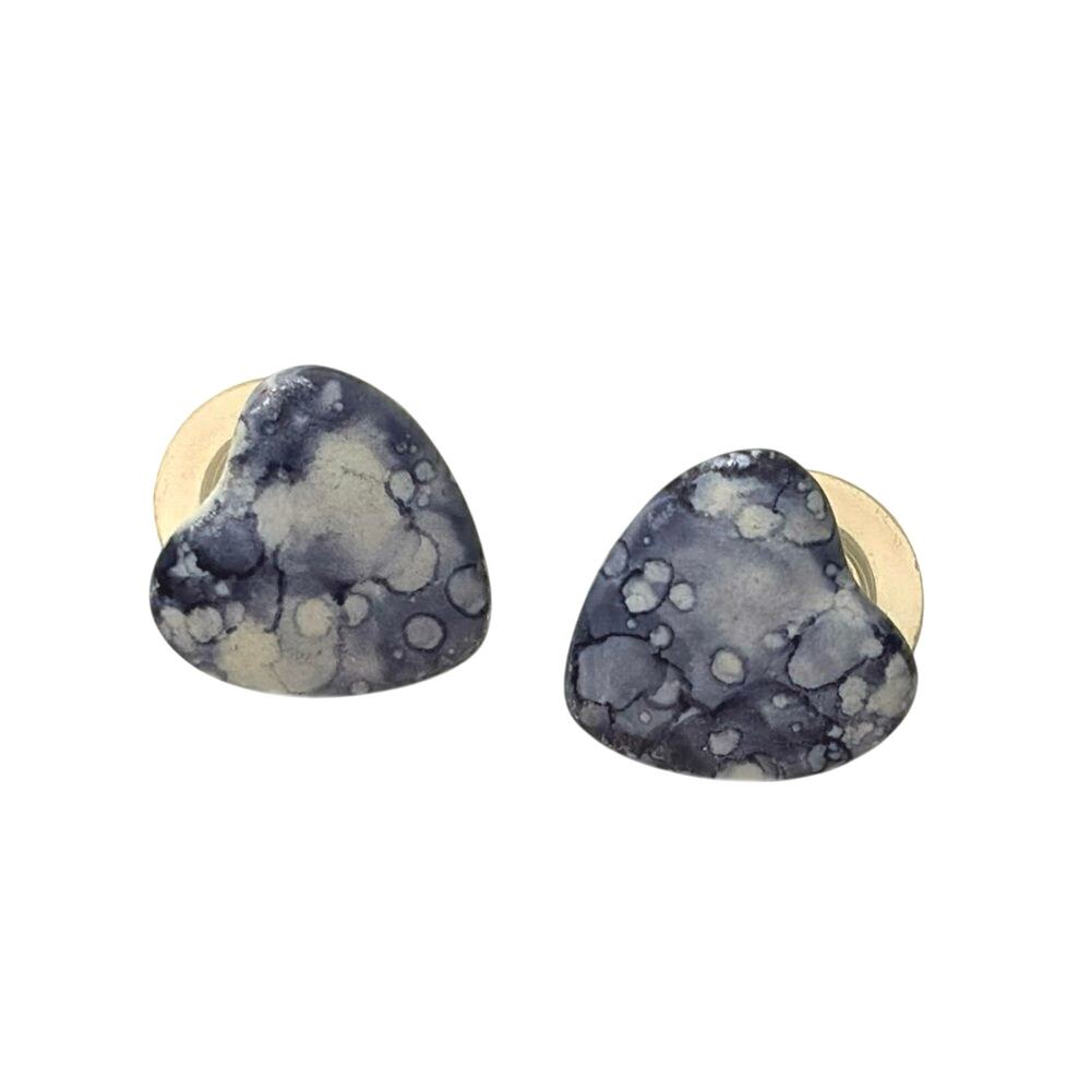 Vintage Blue Gray Mottled Heart Stud Earrings Lightweight Metal